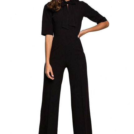 Chic V-Neck Wide-Leg Jumpsuit with Fashionable Tie Detail - Très Elite