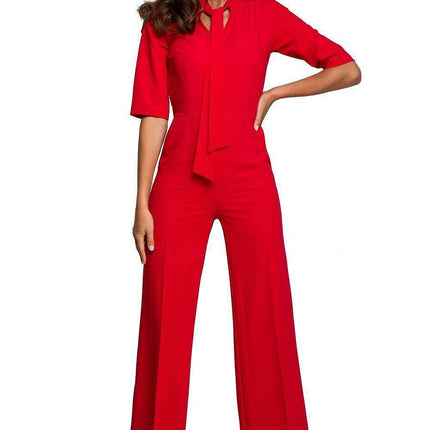 Chic V-Neck Wide-Leg Jumpsuit with Fashionable Tie Detail - Très Elite