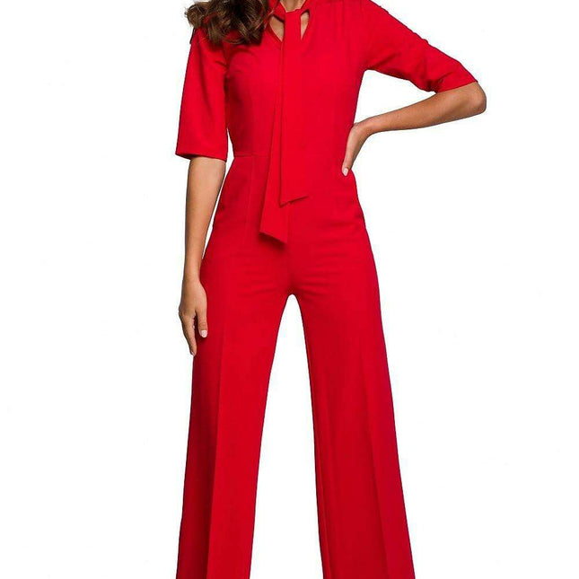 Chic V-Neck Wide-Leg Jumpsuit with Fashionable Tie Detail