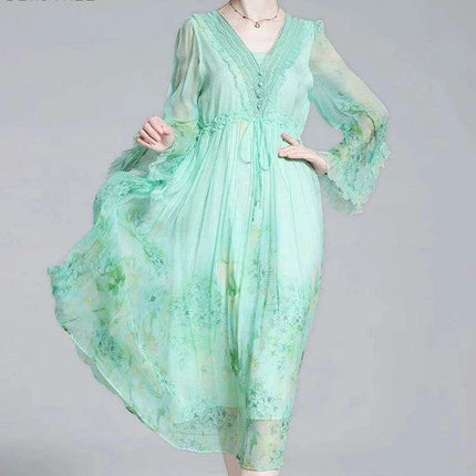 Chic V-neck A-line Dress in Luxurious French Silk with Flared Sleeves - Très Elite