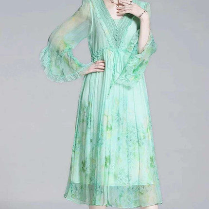 Chic V-neck A-line Dress in Luxurious French Silk with Flared Sleeves - Très Elite