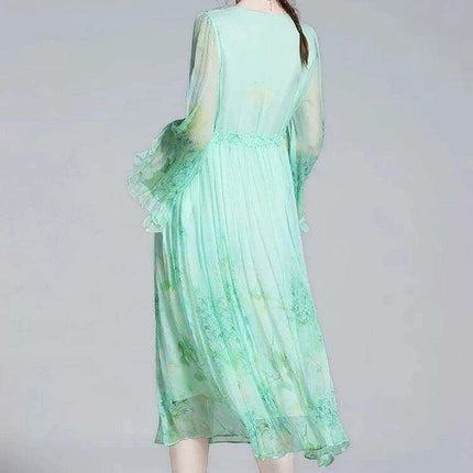 Chic V-neck A-line Dress in Luxurious French Silk with Flared Sleeves - Très Elite