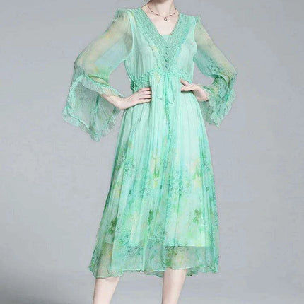 Chic V-neck A-line Dress in Luxurious French Silk with Flared Sleeves - Très Elite