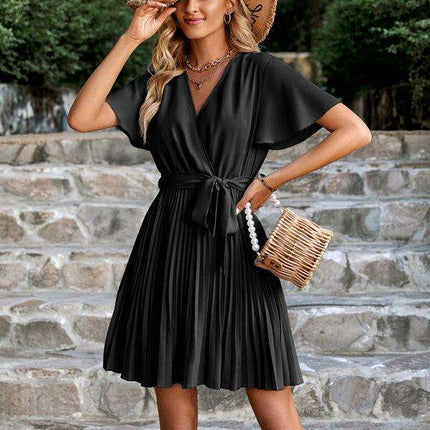 Chic V-neck Pleated Waist Dress with Flared Sleeves - Fashionable Women's Dress - Très Elite