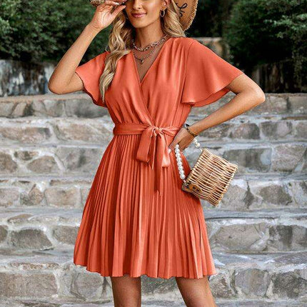 Chic V-neck Pleated Waist Dress with Flared Sleeves - Fashionable Women's Dress - Très Elite