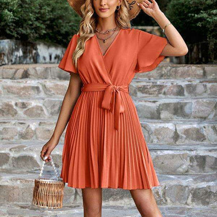 Chic V-neck Pleated Waist Dress with Flared Sleeves - Fashionable Women's Dress - Très Elite