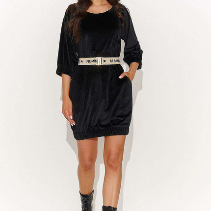 Chic Velour Mini Dress with Belt - Sand & Black - Très Elite