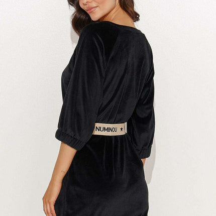 Chic Velour Mini Dress with Belt - Sand & Black - Très Elite