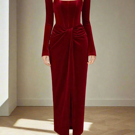 Chic Velvet Long Sleeve Cross-Front Dress with Zipper Detail for Women - Très Elite