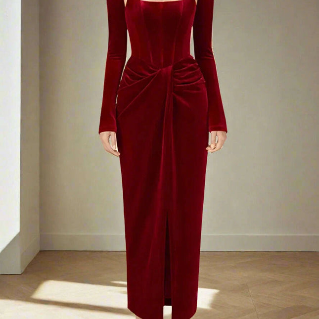 Chic Velvet Long Sleeve Cross-Front Dress with Zipper Detail for Women