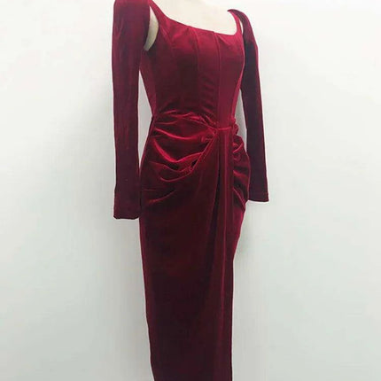 Chic Velvet Long Sleeve Cross-Front Dress with Zipper Detail for Women - Très Elite