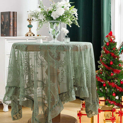 Chic Vintage Dark Green Floral Tulle Tablecloth with Ruffled Edges for Elegant Dining - Très Elite