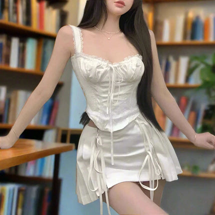 Chic Vintage Korean A-Line Skirt and Backless Camisole Women's Two-Piece Set - Très Elite