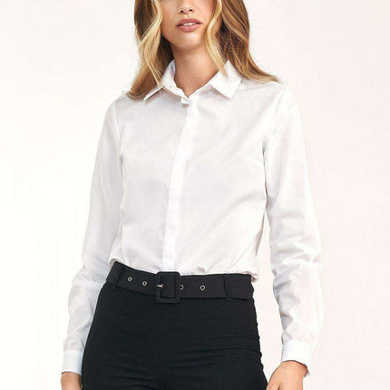 Chic White Cotton Blend Slim Fit Shirt With Modern Collar - Très Elite
