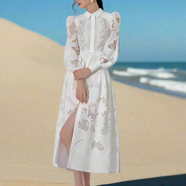 Chic White Long Sleeve Lace Dress with Cutout Accents for Women's Special Occasions - 2023