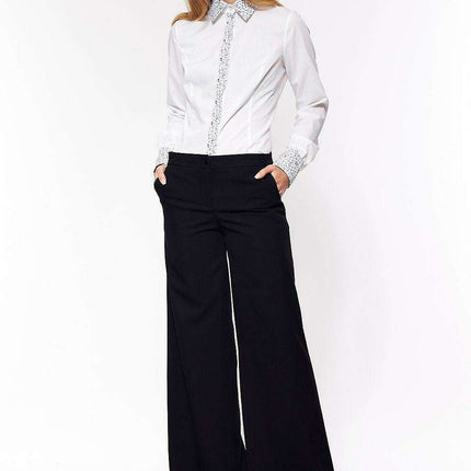 Chic White Office Shirt With Patterned Placket And Cuffs - Très Elite