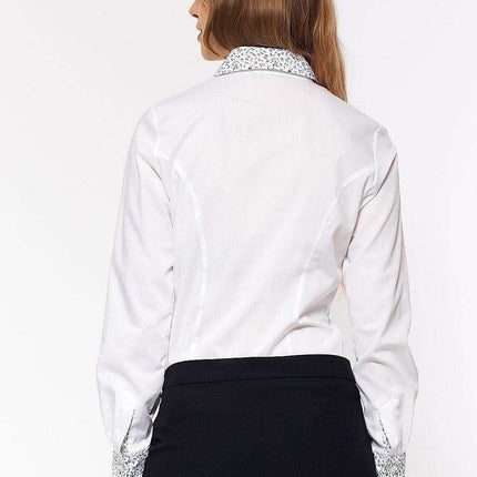 Chic White Office Shirt With Patterned Placket And Cuffs - Très Elite