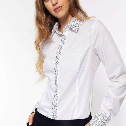 Chic White Office Shirt With Patterned Placket And Cuffs - Très Elite