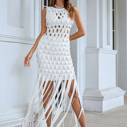 Chic White Tassel Bodycon Dress for Summer Soirees