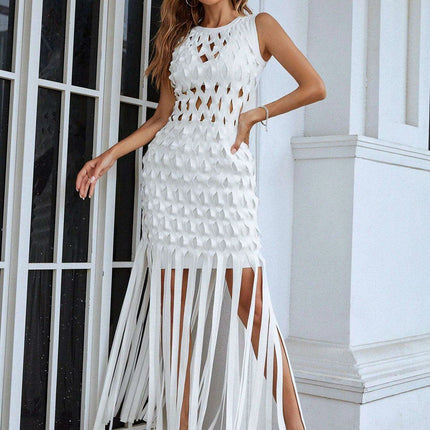 Chic White Tassel Bodycon Dress for Summer Soirees