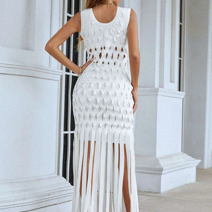 Chic White Tassel Bodycon Dress for Summer Soirees