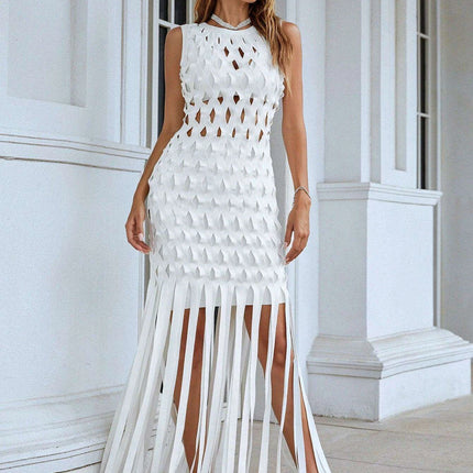 Chic White Tassel Bodycon Dress for Summer Soirees