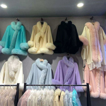 Chic White Wool Cape with Genuine Fox Fur Embellishments - Women's Fashion Outerwear - Très Elite