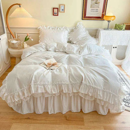Chic White and Pink Ruffled 100% Cotton Girls' Duvet Cover Set with Pillowcases - Soft and Stylish Bedding - Très Elite
