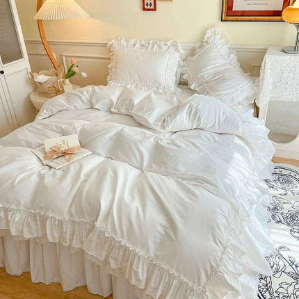 Chic White and Pink Ruffled 100% Cotton Girls' Duvet Cover Set with Pillowcases - Soft and Stylish Bedding - Très Elite