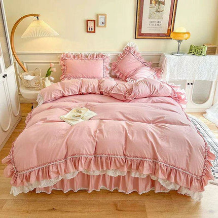 Chic White and Pink Ruffled 100% Cotton Girls' Duvet Cover Set with Pillowcases - Soft and Stylish Bedding - Très Elite