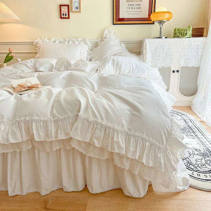 Chic White and Pink Ruffled 100% Cotton Girls' Duvet Cover Set with Pillowcases - Soft and Stylish Bedding - Très Elite