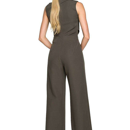 Chic Wide-Leg Jumpsuit with Stylish Roll-Up Collar and Unique Accents - Très Elite