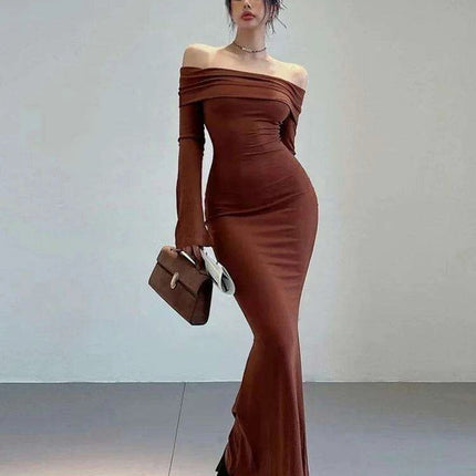 Chic Winter Elegance: Off-Shoulder Korean Maxi Dress in Black - Très Elite