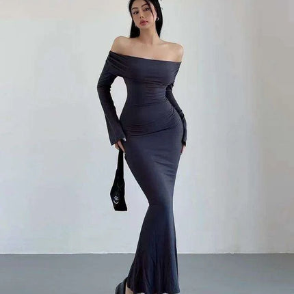Chic Winter Elegance: Off-Shoulder Korean Maxi Dress in Black - Très Elite