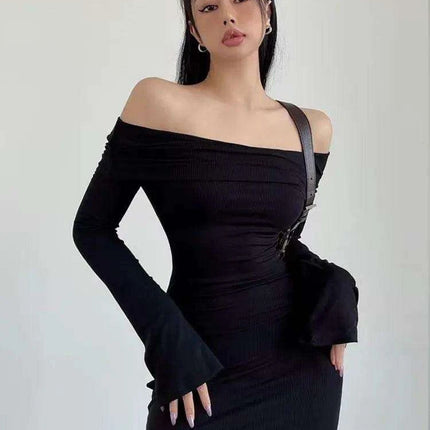 Chic Winter Elegance: Off-Shoulder Korean Maxi Dress in Black - Très Elite