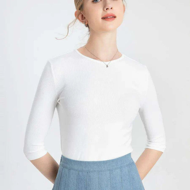 Chic Women's 3/4 Sleeve High V-Neck Fitted T-Shirt in Luxurious Ribbed Cotton Blend