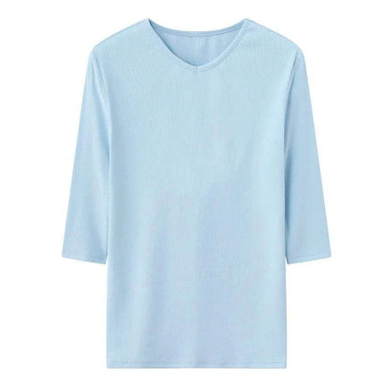 Chic Women's 3/4 Sleeve High V-Neck Fitted T-Shirt in Luxurious Ribbed Cotton Blend