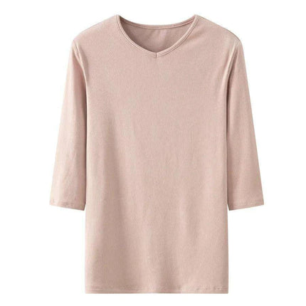 Chic Women's 3/4 Sleeve High V-Neck Fitted T-Shirt in Luxurious Ribbed Cotton Blend