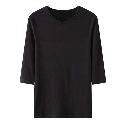 Chic Women's 3/4 Sleeve High V-Neck Fitted T-Shirt in Luxurious Ribbed Cotton Blend