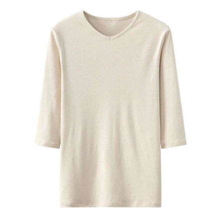Chic Women's 3/4 Sleeve High V-Neck Fitted T-Shirt in Luxurious Ribbed Cotton Blend