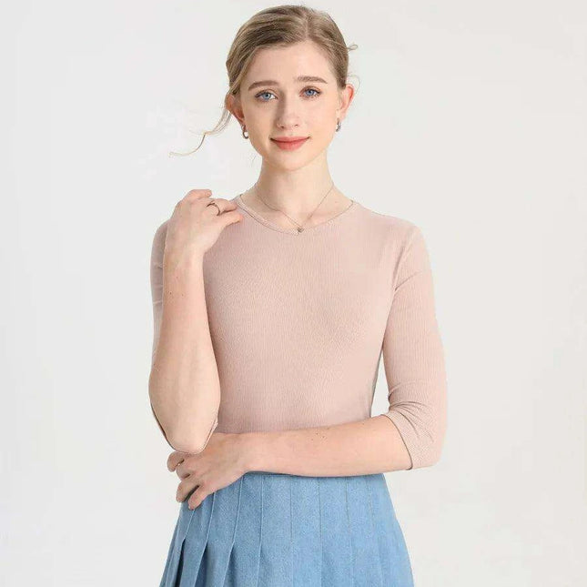 Chic Women's 3/4 Sleeve High V-Neck Fitted T-Shirt in Luxurious Ribbed Cotton Blend