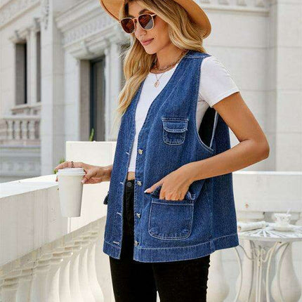 Chic Women's Distressed Denim Vest with Functional Pockets - Très Elite