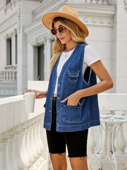 Chic Women's Distressed Denim Vest with Functional Pockets