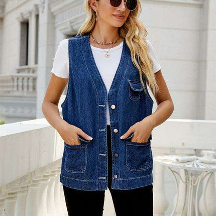 Chic Women's Distressed Denim Vest with Functional Pockets - Très Elite