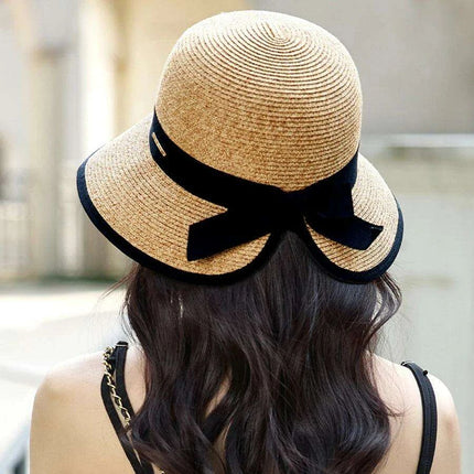 Chic Women's Korean Summer Wide Brim Straw Hat for Beach Trips, Vacation, and Sun Protection with Bow Fold Design - Très Elite