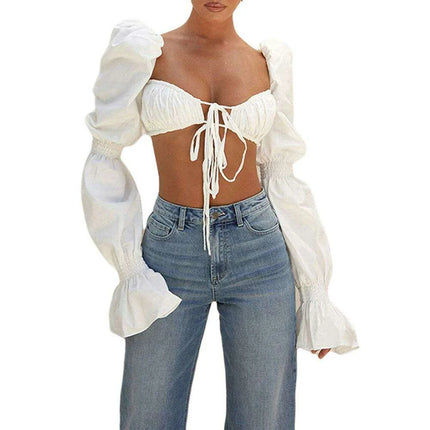 Chic Women's Puff Sleeve Crop Top with Lace-Up Square Neck for Fashion-Forward Street Style - Très Elite