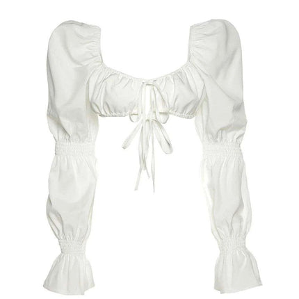 Chic Women's Puff Sleeve Crop Top with Lace-Up Square Neck for Fashion-Forward Street Style