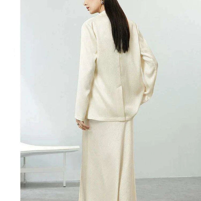 Chic Women's Satin Blazer and A-line Midi Skirt Ensemble for Autumn