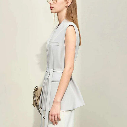 Chic Women's Spring Vest with Belt - Tailored V-Neck Mid-Length Jacket for Street Style - Très Elite