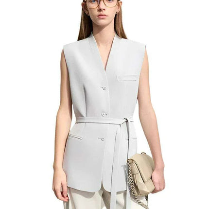 Chic Women's Spring Vest with Belt - Tailored V-Neck Mid-Length Jacket for Street Style - Très Elite